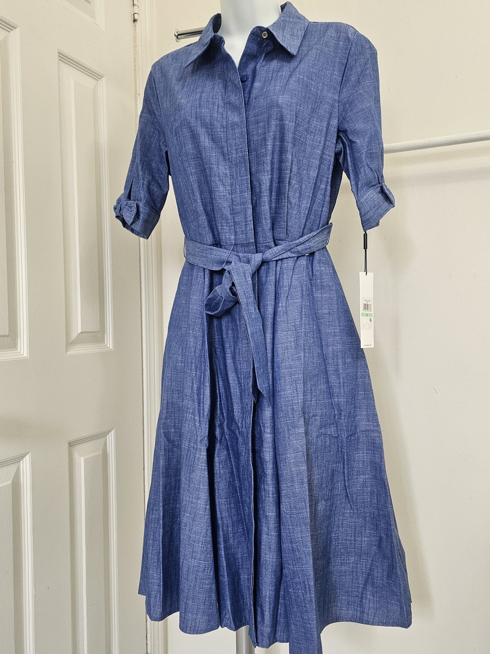 NWT - Summer Calvin Klein Blue Shirt-Waist Tie Midi Dress, Size US 8 - Picture 6 of 11
